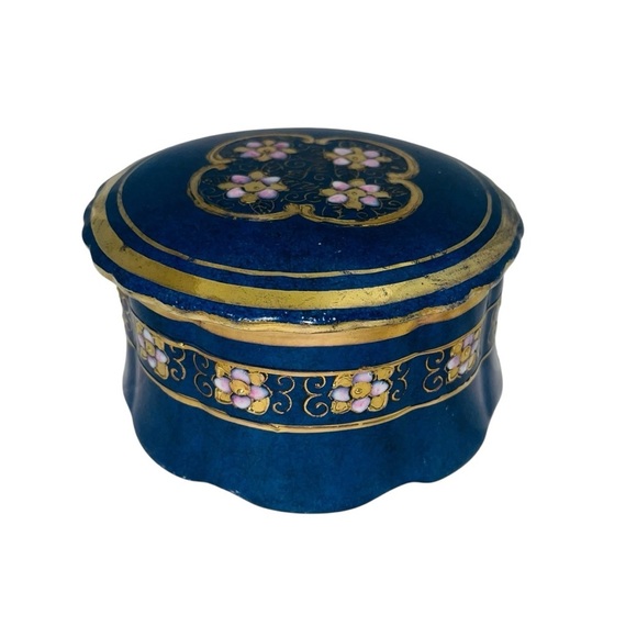 Toyo Cobalt Blue Porcelain Trinket Box with Gold & Floral Detail 4.5” x 2.75” - Picture 2 of 11
